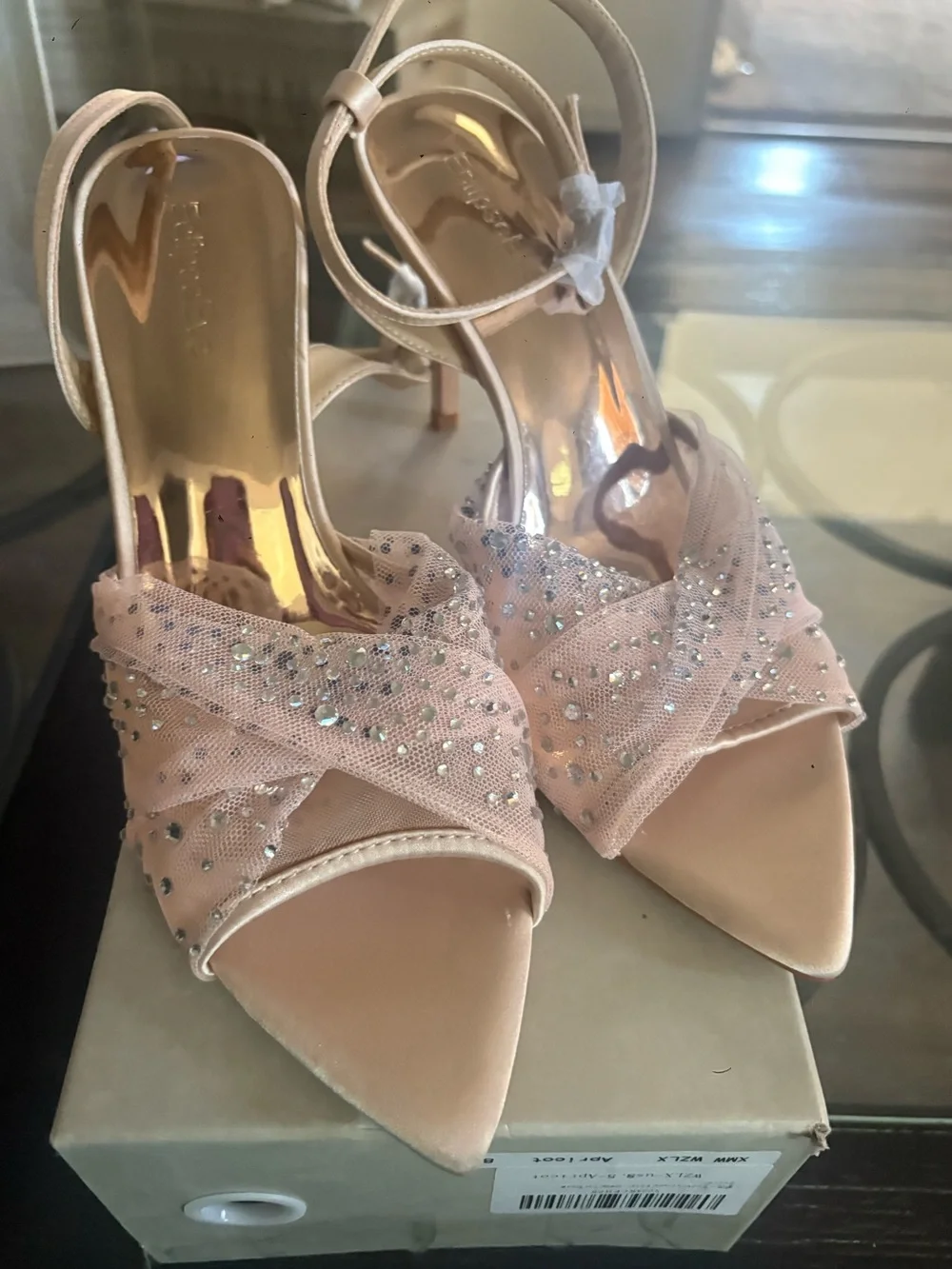 Embellished Blush Satin Ankle-Strap Heels